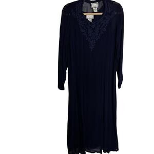 April Cornell Dress Maxi Navy Blue Embroidered Chiffon Long Sleeve Dress Small